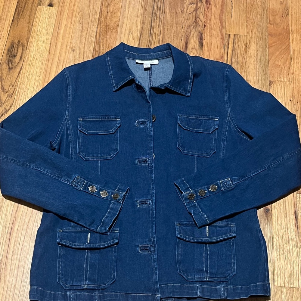 JM Collections Denim Utility Jacket Size 8 Blue Button Front Stretch Cotton - Picture 2 of 5
